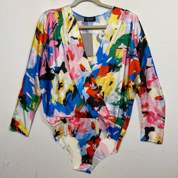 Zara Tops - NWT Zara Multicolor Faux Wrap V-Neck Long Sleeve Bodysuit Size Large